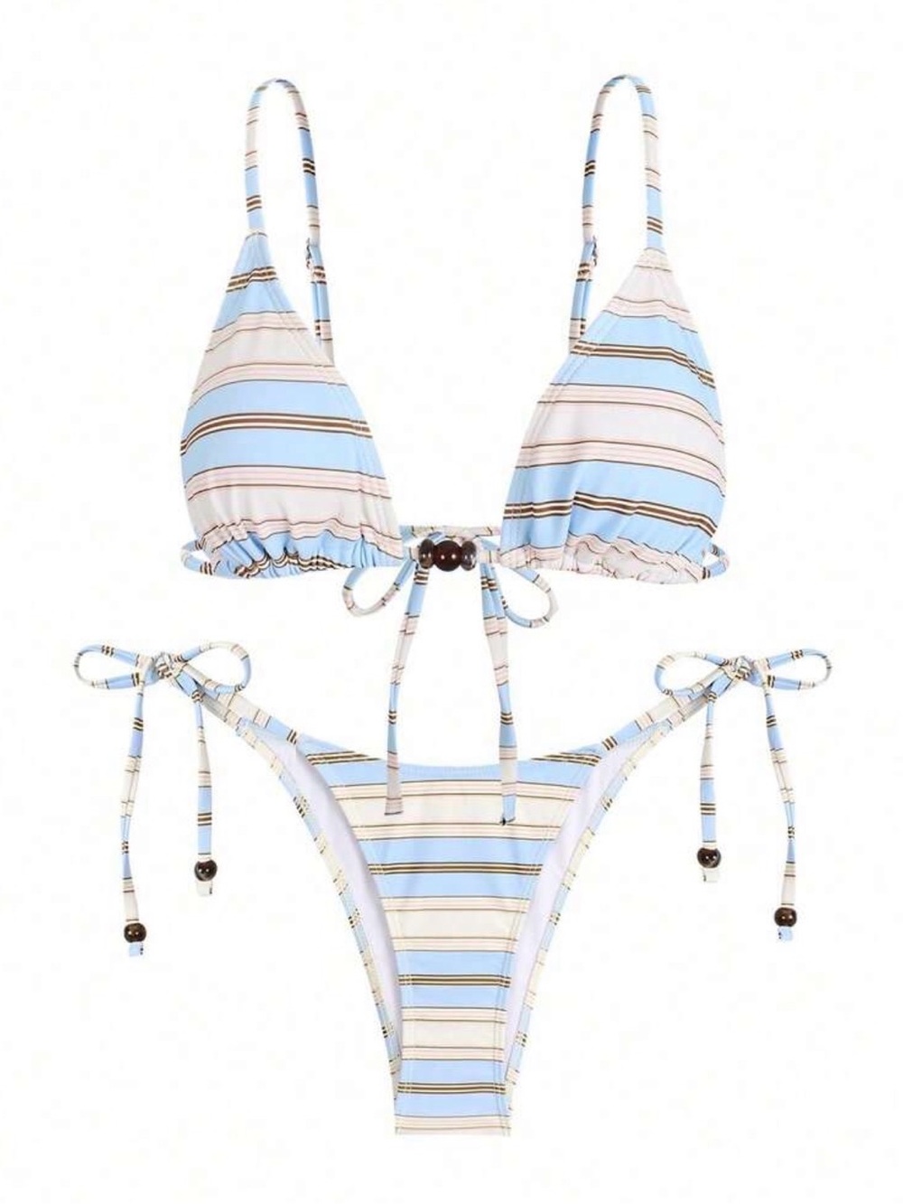 Striped Triangle String Bikini Set - Light Blue & Cream